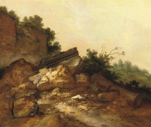 Jacobus Mancadan A rocky landscape with two peasants conversing near classical ruins oil painting picture